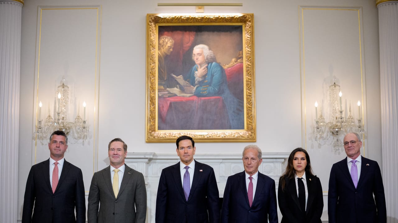 Counselor of US State Department Michael Needham, U.S. Ambassador to the United Nations Michael Waltz, U.S. Secretary of State Marco Rubio, U.S. Ambassador to Lebanon Michel Issa, Lebanese Ambassador to the U.S. Nada Hamadeh Moawad and Israeli Ambassador to the US Yechiel Leiter pose for photos