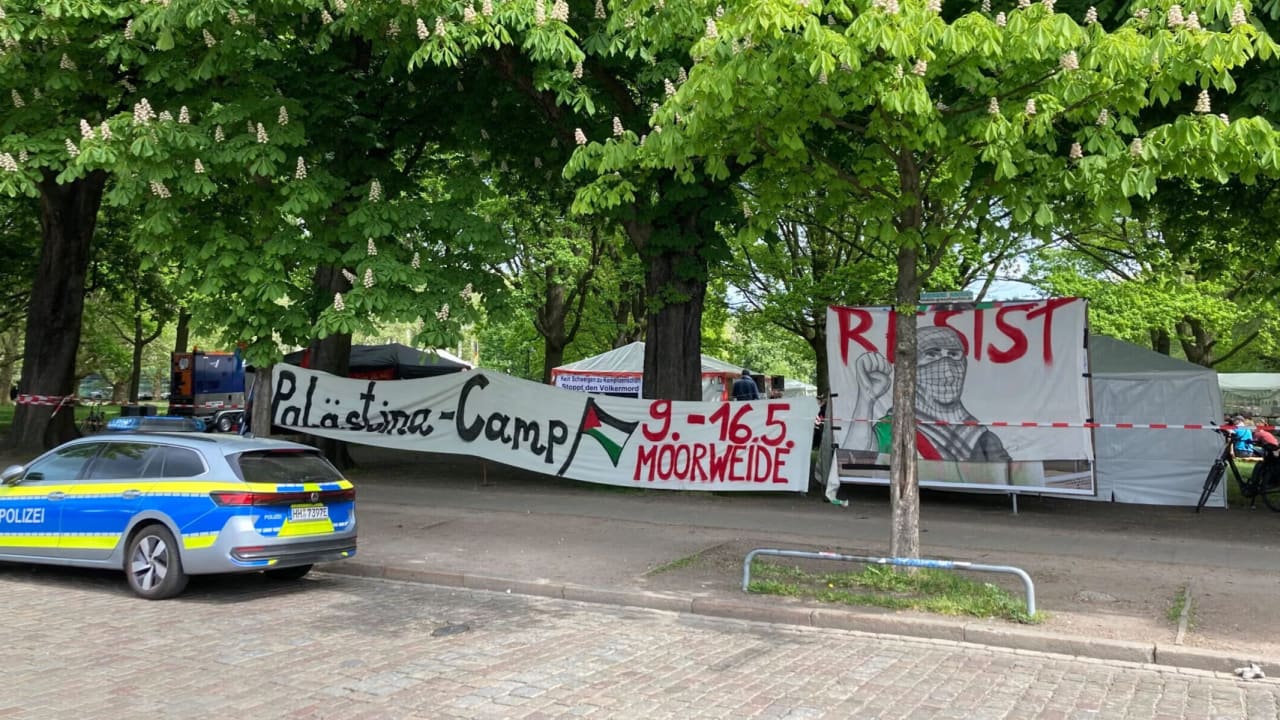 Activists have set up a pro-Palestinian camp on Hamburg's Moorweide, which a German court permitted over the objections of the city and Jewish community, May 10, 2026.