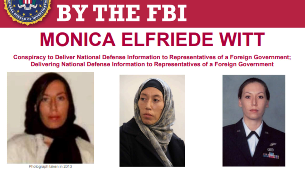 FBI wanted poster for Monica Elfriede Witt, a former US Air Force counterintelligence specialist wanted on espionage charges related to Iran.