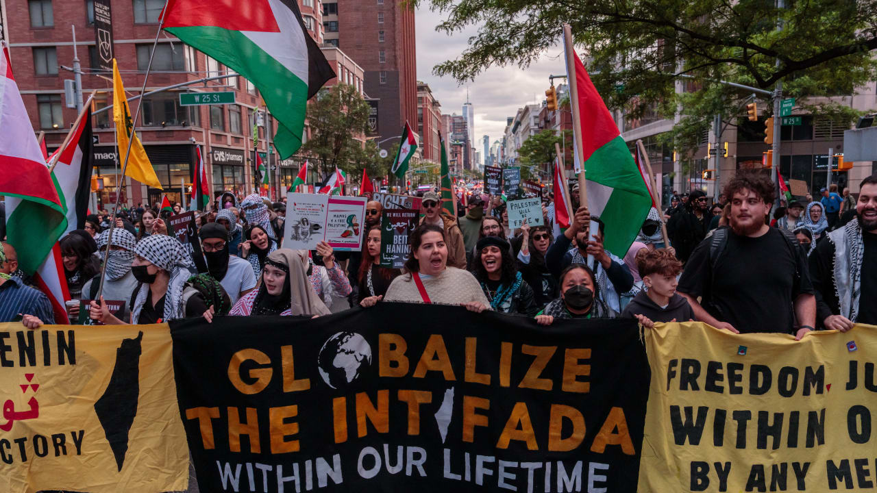 Pro-Palestinian activists march as they take part in a protest on Nakba Day in New York City, May 15, 2026.