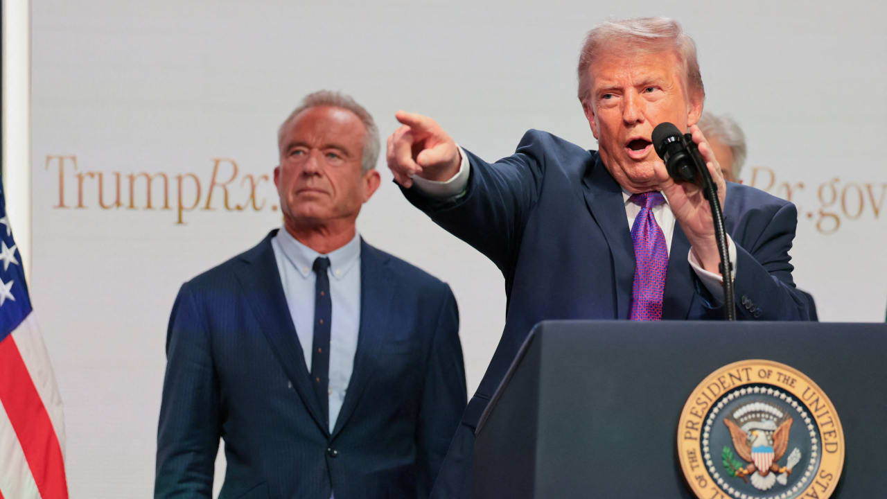 US President Donald Trump as he points while delivering remarks about health care costs and affordability from an auditorium on the White House campus in Washington, DC, US, May 18, 2026.