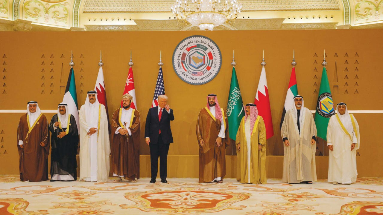 US President Donald Trump attends a GCC summit photo session in Riyadh, alongside Qatari, Saudi, and  Bahraini leaders, May 2025.