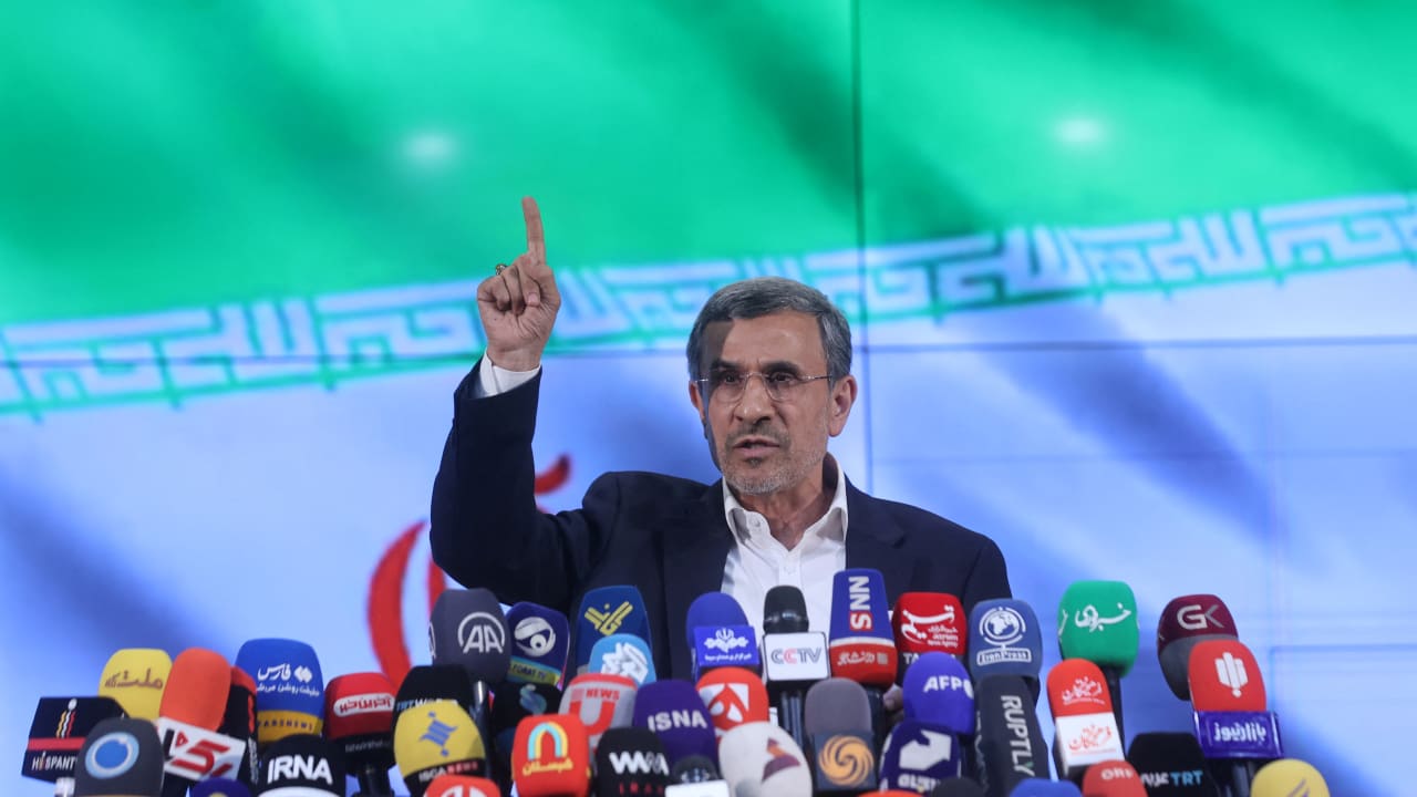 MAHMOUD AHMADINEJAD former president of Iran, speaks at a press conference after registering as a candidate for the presidential election at the Interior Ministry, in Tehran, Iran June 2, 2024.