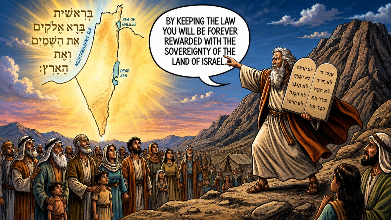 An AI-generated cartoon illustration of Moses presenting the Ten Commandments to the Israelites and linking it to sovereignty over Israel.