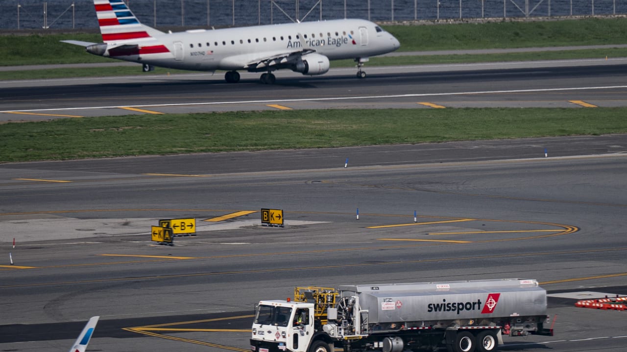 A jet prepares to refuel at LaGuardia Airport, New York City, April 16, 2026; illustrative.