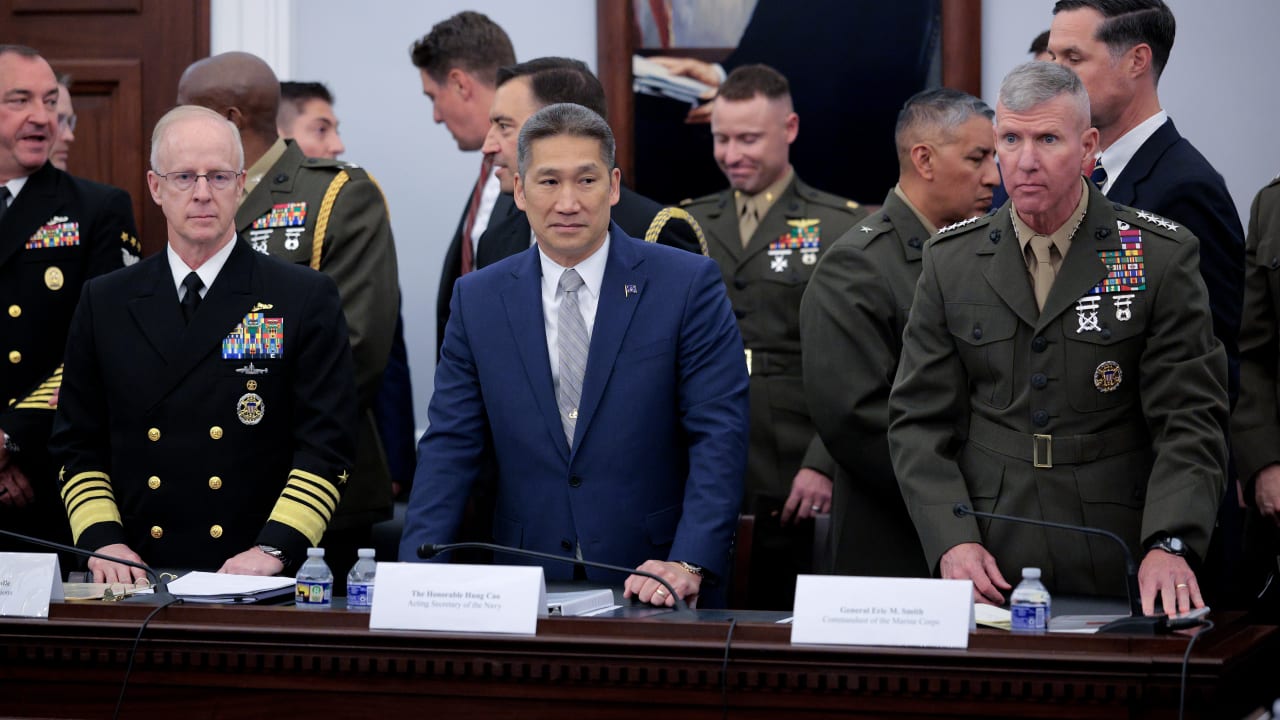 Acting Secretary of the Navy Hung Cao and Commandant of the Marine Corps General Eric Smith prepare to testify before the House Appropriations Subcommittee on Defense about the Navy's FY2027 budget at the U.S. Capitol on May 12, 2026.