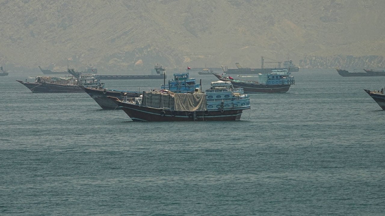 Vessels anchored at the Strait of Hormuz, as seen from Musandam, Oman, May 25, 2026.