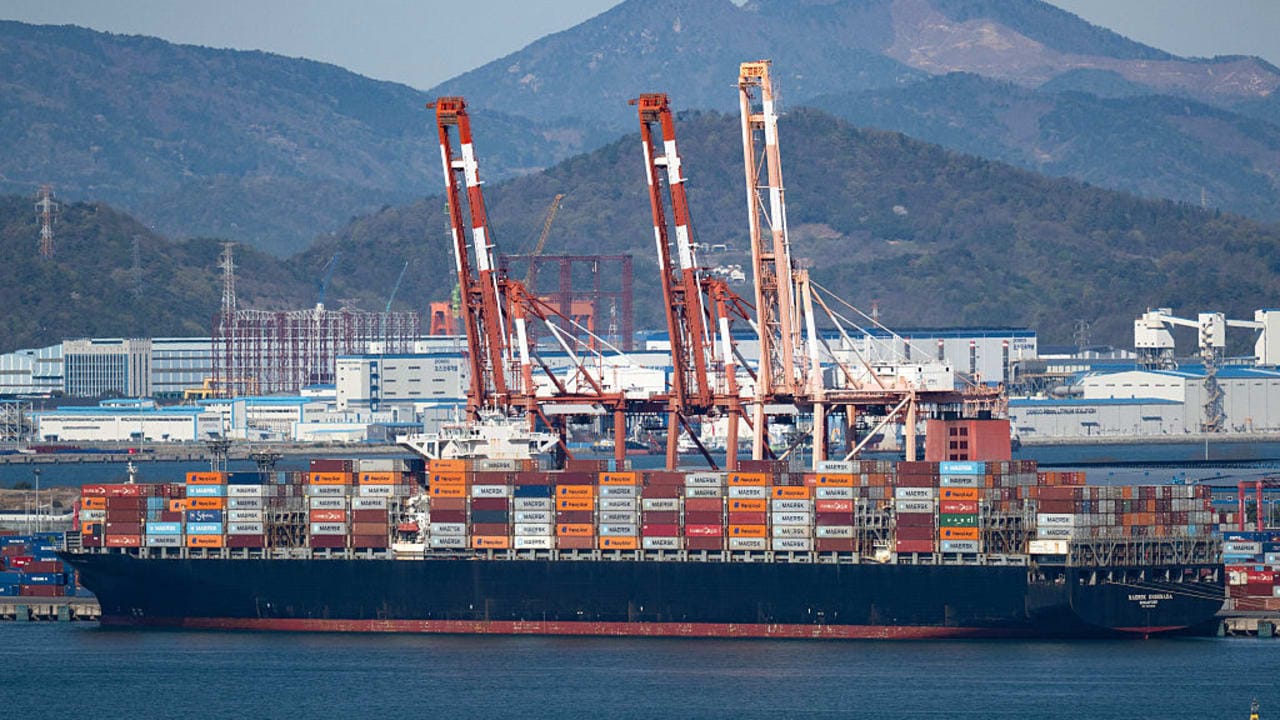 A CARGO ship carrying containers at Gwangyang Port in Gwangyang on April 7, 2026.