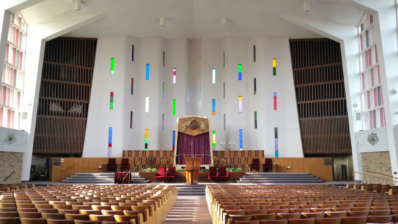 The interior of Anshe Chesed Fairmount Temple in Beachwood, Ohio, designed by the architect Percival Goodman. The building has been sold and the property is slated to become senior housing.