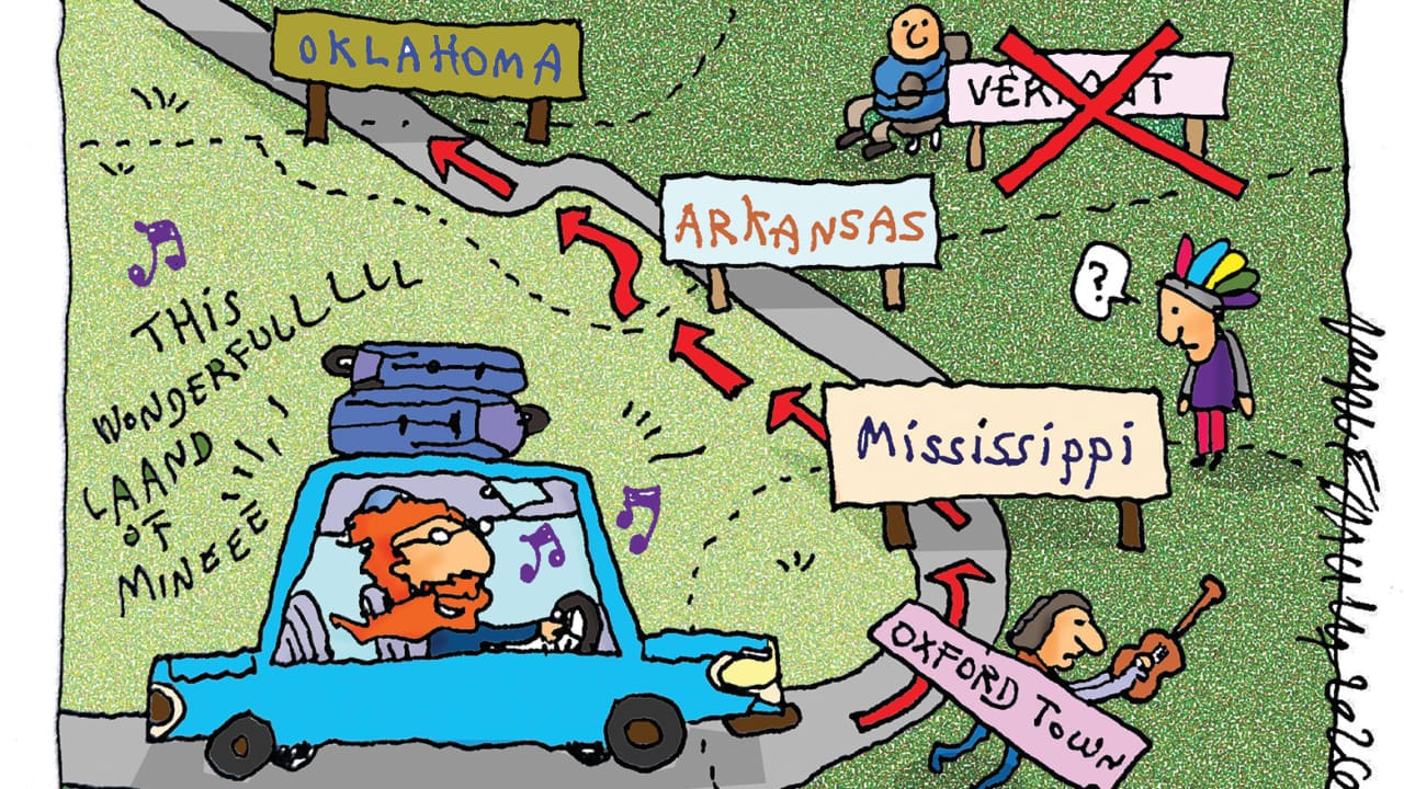 Illustration of a road trip in the United States.