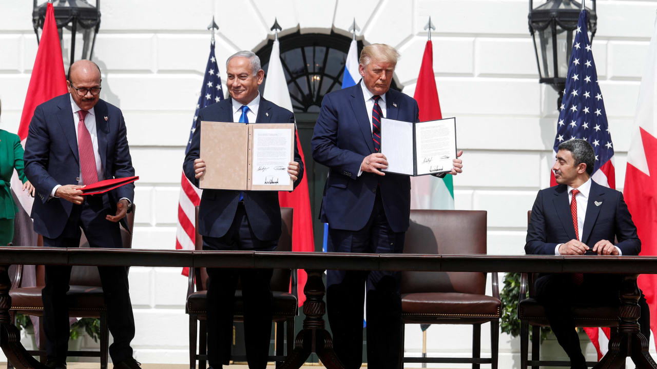 Bahrain's Foreign Minister Abdullatif Al Zayani, Israel's Prime Minister Benjamin Netanyahu, U.S. President Donald Trump and United Arab Emirates (UAE) Foreign Minister Abdullah bin Zayed participate in the signing of the Abraham Accords,  in Washington, US, September 15, 2020. 