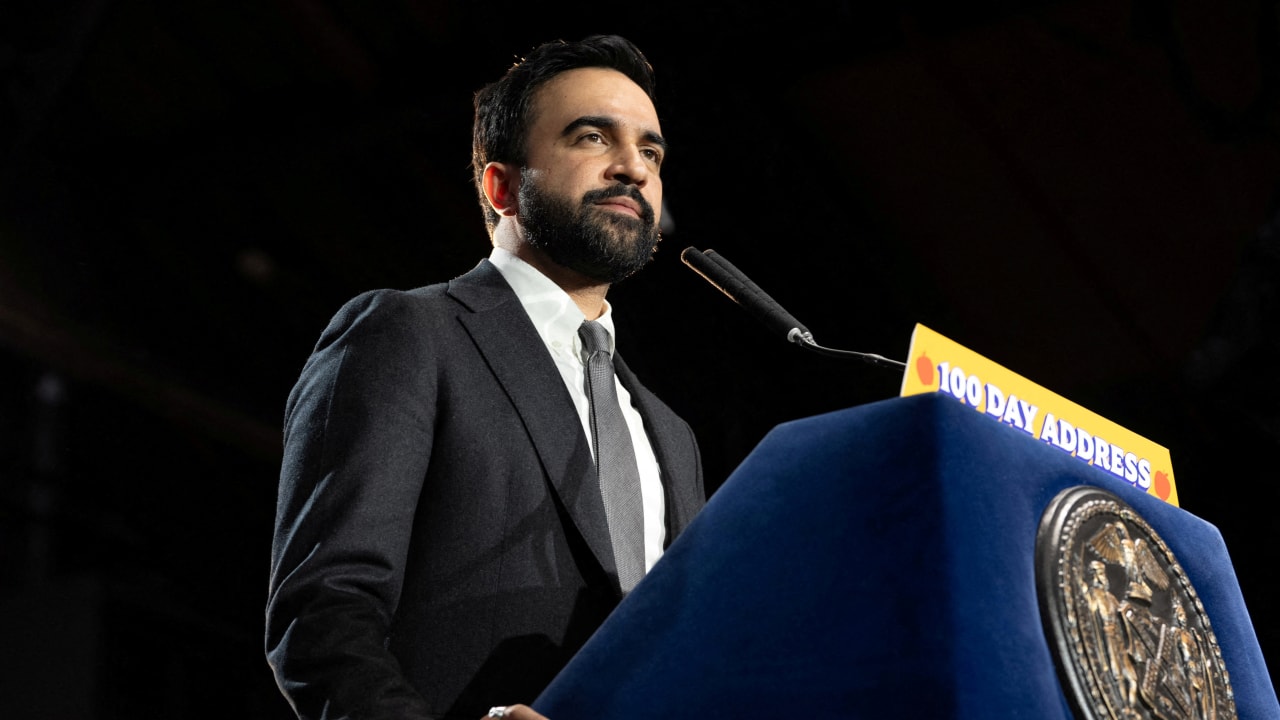 Mayor Zohran Mamdani delivers his 100 Days Address, a speech dedicated to outline the progress made on his core campaign promises since taking office, in Queens, New York City, US, April 12, 2026.