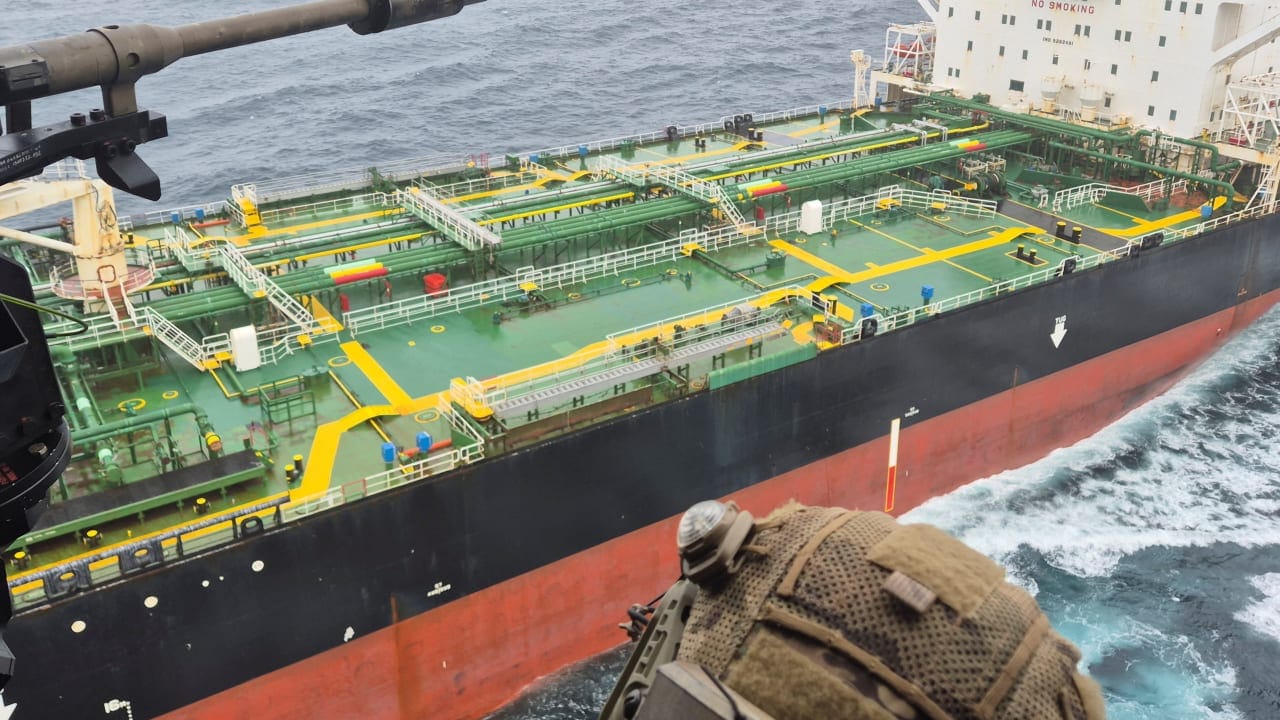 French Navy personnel approach an oil tanker, subject to international sanctions and sailing from Russia, in the Atlantic Ocean, in this handout obtained by Reuters on June 1, 2026.