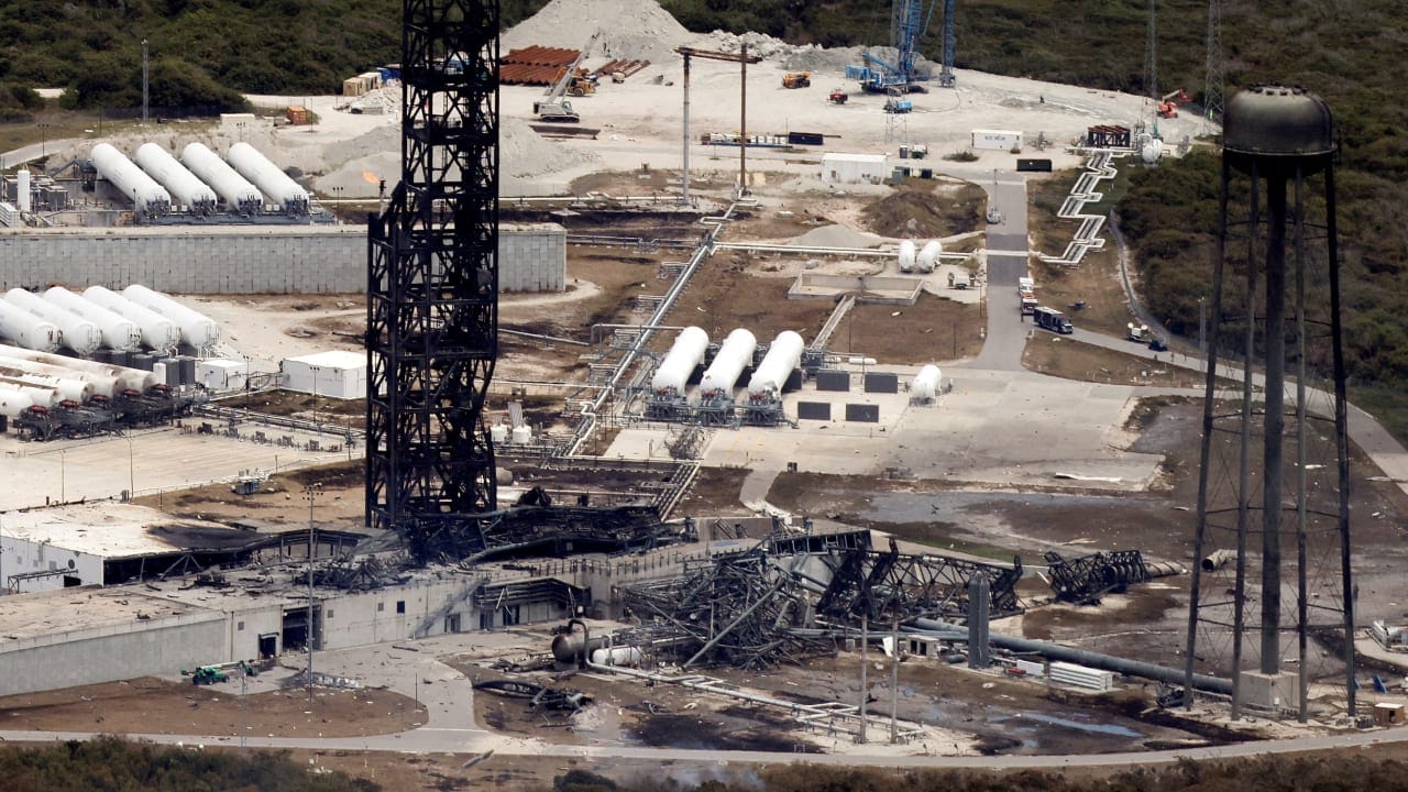 Damage at the site of a launchpad after an uncrewed Blue Origin New Glenn rocket exploded during a test at the Cape Canaveral Space Force Station in Cape Canaveral, Florida, US, May 29, 2026.