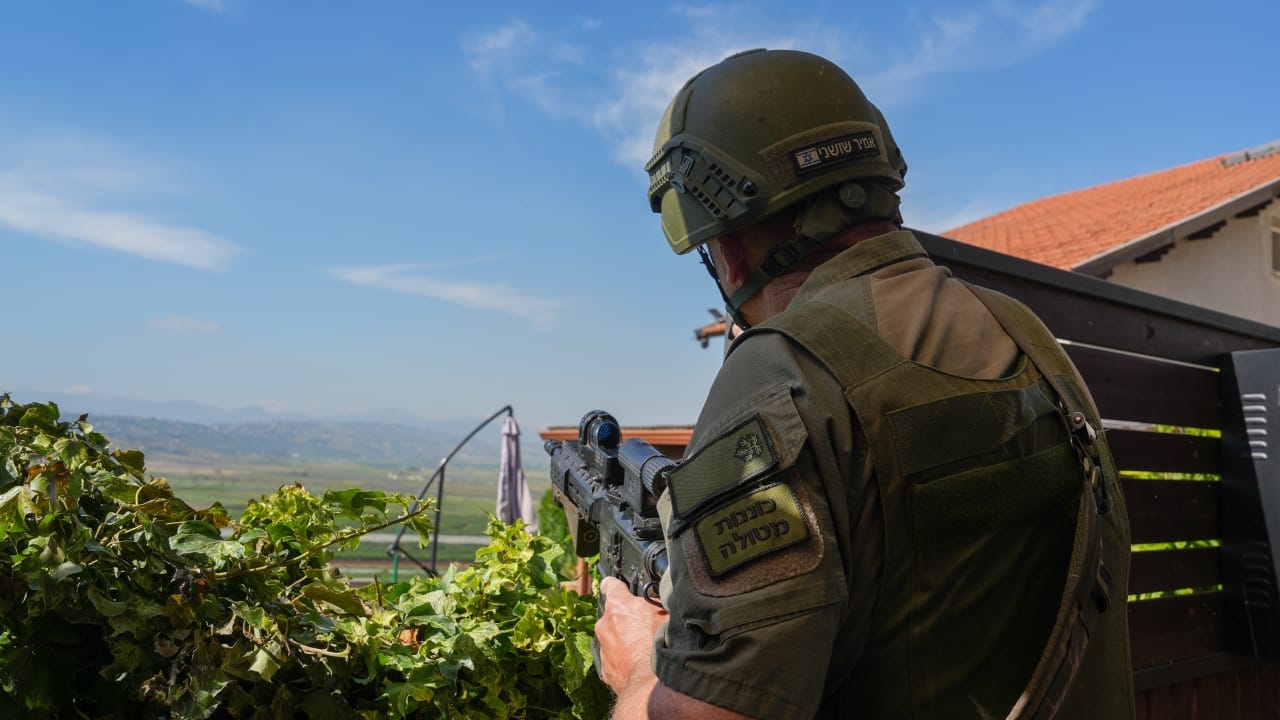 Members of the Metula civilian security squad search the area following the fall of an Iron Dome interceptor missile and reports of a drone infiltration near the Israel-Lebanon border, June 01, 2026.