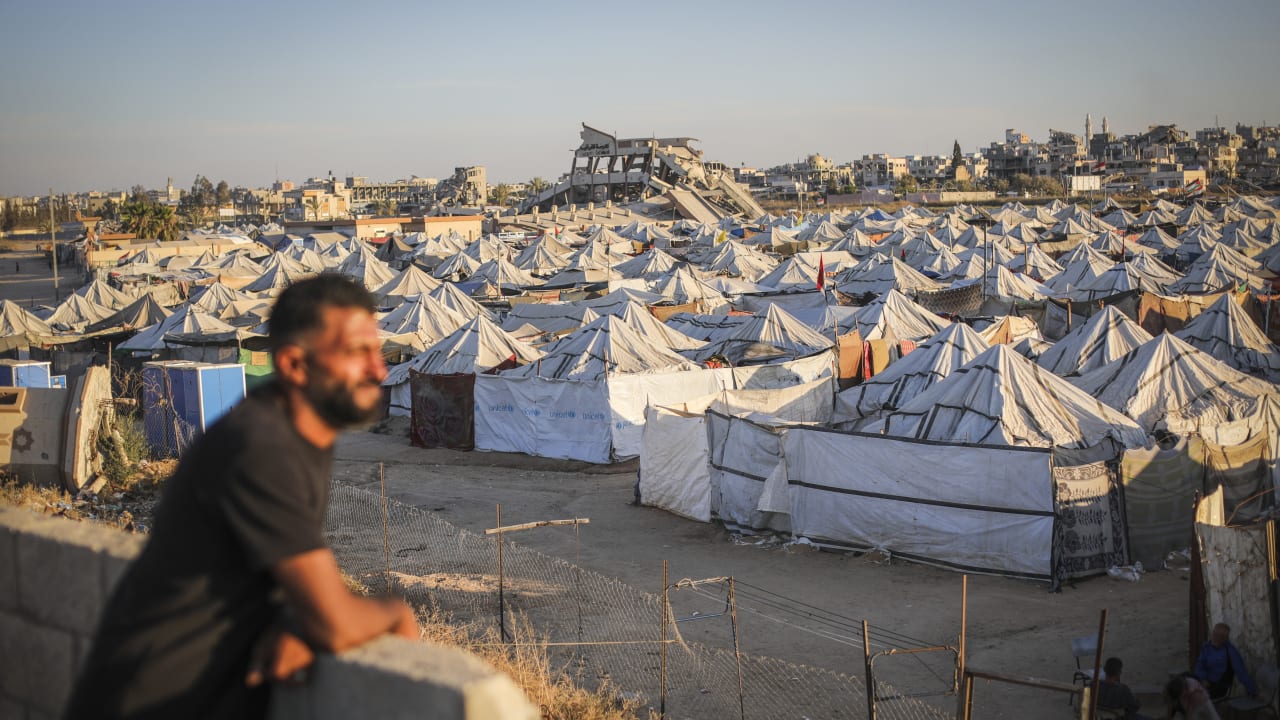 Displaced Palestinians are seen near their tents in Gaza City, June 1, 2026.