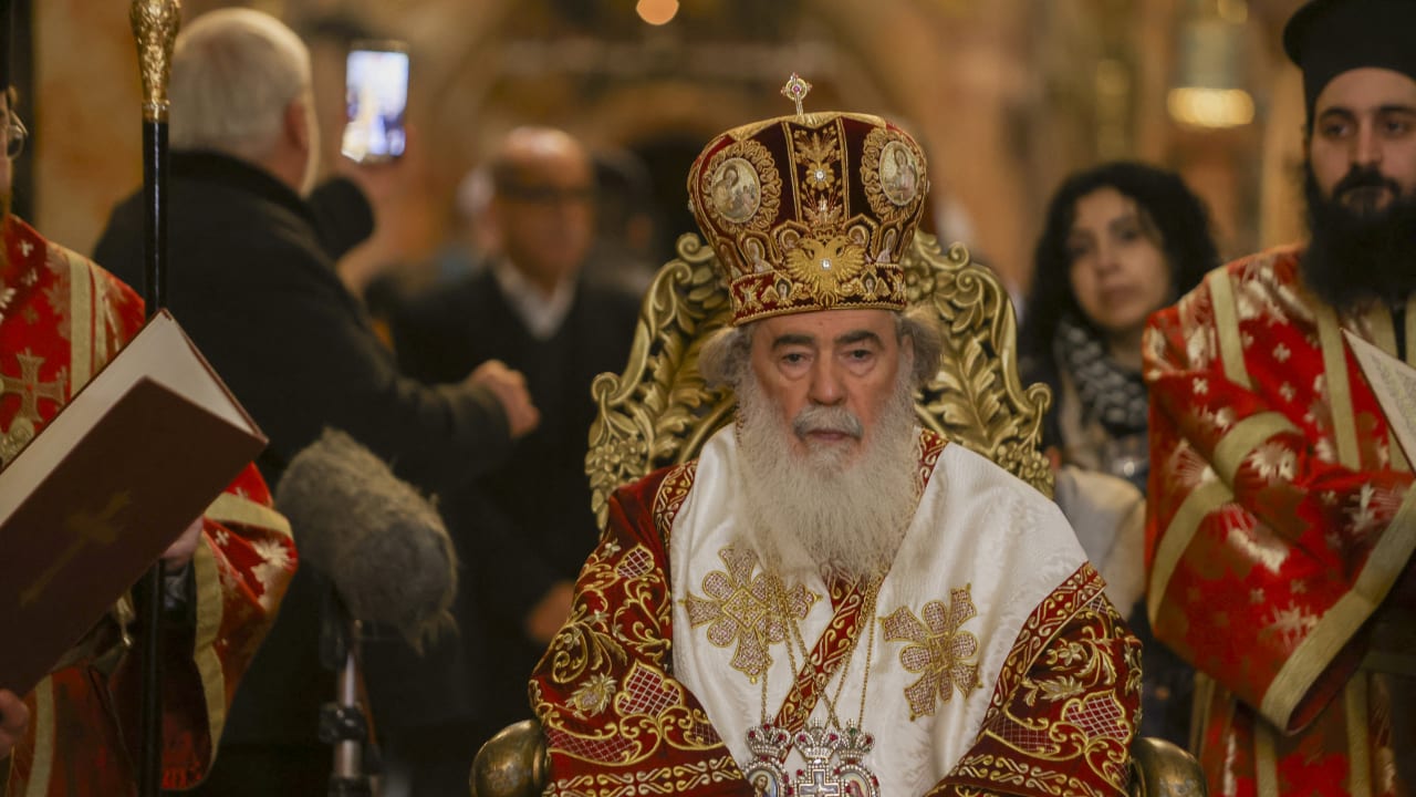 Greek Orthodox Patriarch of Jerusalem Theophilos III takes part in Holy Thursday ceremonies at the Church of the Holy Sepulchre in Jerusalem's Old City, on April 9, 2026.