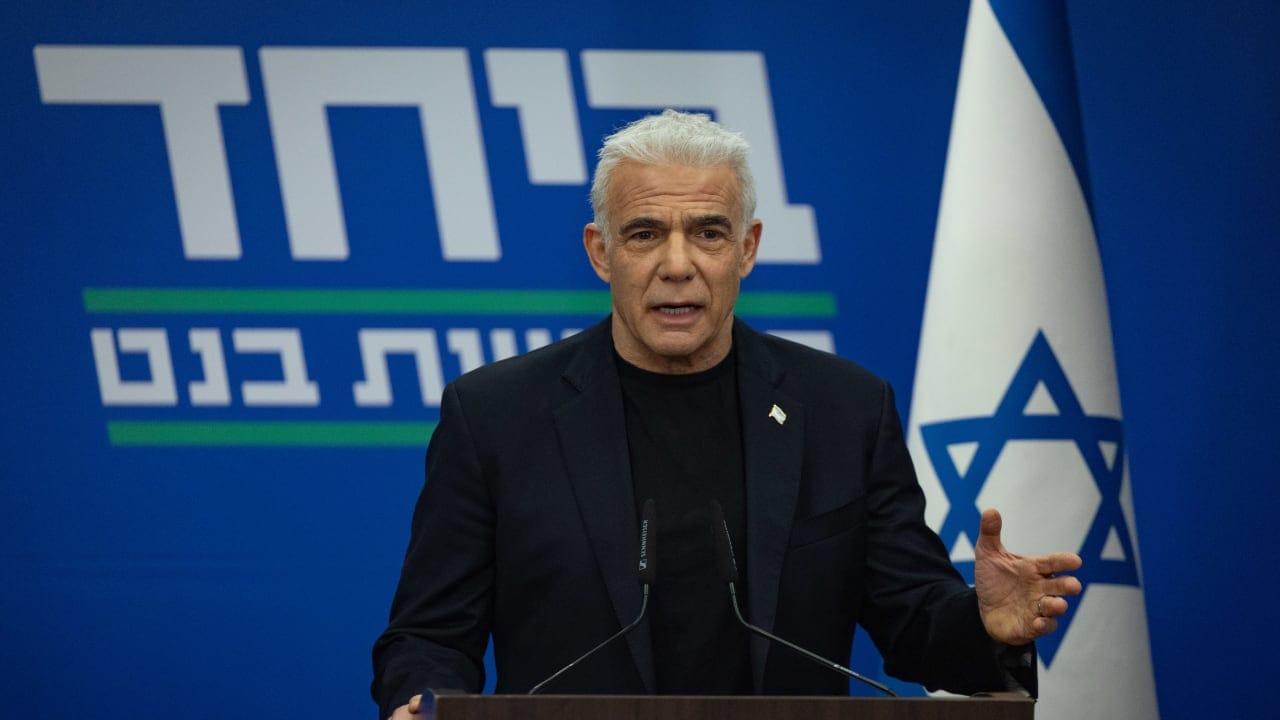 Head of opposition and head of the Yesh Atid party MK Yair Lapid leads a faction meeting at the Knesset, the Israeli parliament in Jerusalem, on June 8, 2026.