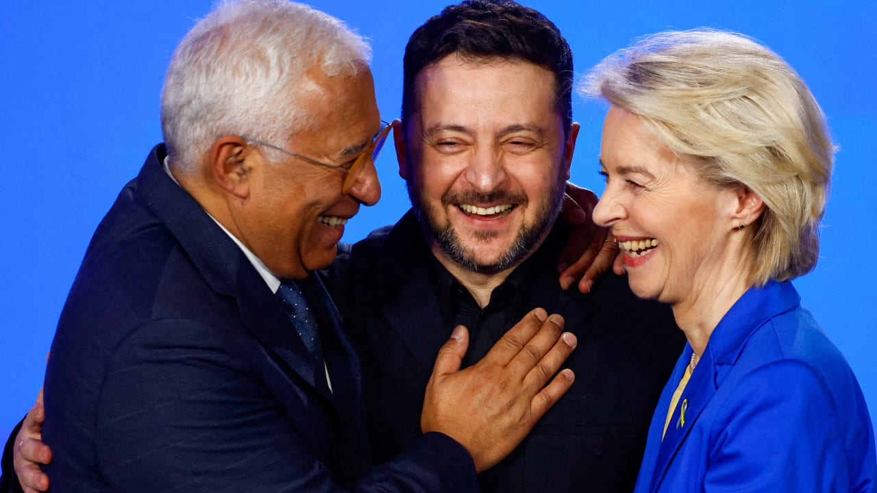  Ukraine's President Volodymyr Zelenskiy, European Commission President Ursula von der Leyen and European Council President Antonio Costa react as they attend a press conference on the fourth anniversary of Russia's full-scale invasion of Ukraine, in Kyiv, Ukraine, February 24, 2026.