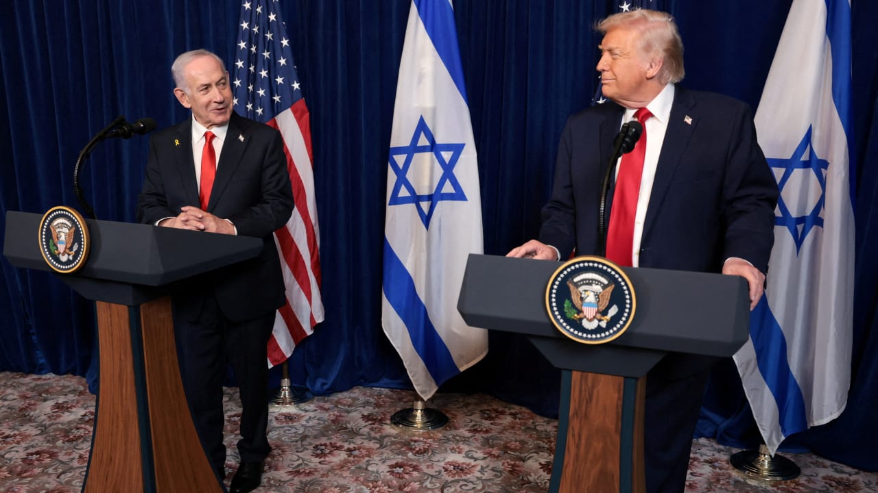 US President Donald Trump and Israeli Prime Minister Benjamin Netanyahu hold a press conference after meeting at Trump’s Mar-a-Lago club in Palm Beach, Florida, US, December 29, 2025.