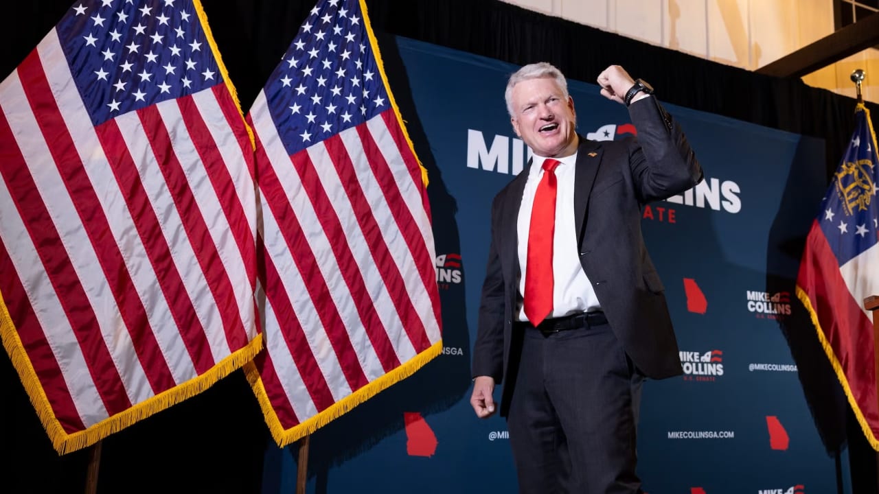 U.S. Senate Republican candidate, U.S. Rep. Mike Collins (R-GA) cheers after his nomination acceptance speech during a runoff election-night party on June 16, 2026 in Jackson, Georgia.
