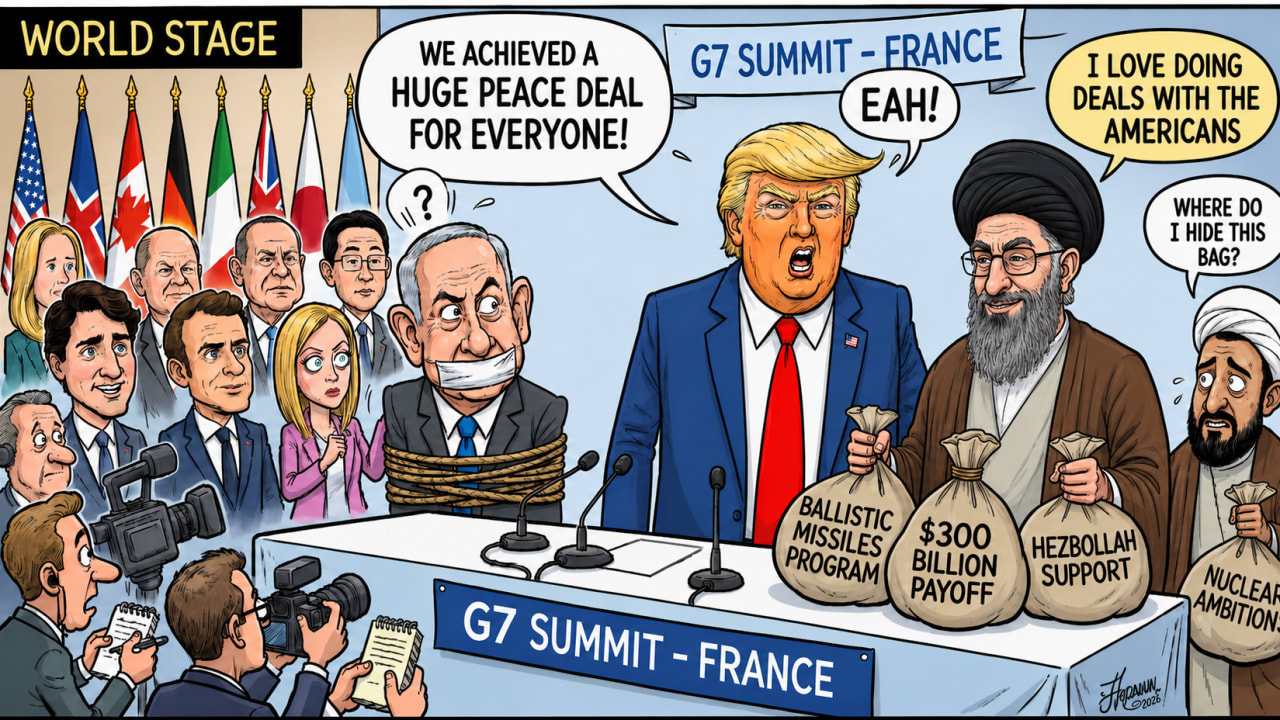 An AI-generated cartoon depicting US President Donald Trump's deal with Iran and the G7 summit.