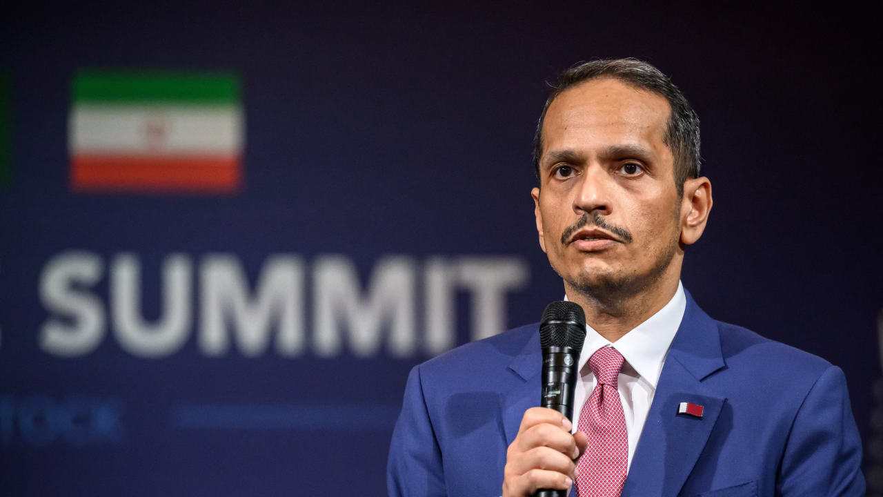 Qatar's Prime Minister and Foreign Minister Sheikh Mohammed bin Abdulrahman bin Jassim Al Thani speaks prior to a quadrilateral meeting between the United States, Iran, Pakistan and Qatar at the Burgenstock luxury hotel complex overlooking Lake Lucerne, Switzerland, on June 21, 2026.