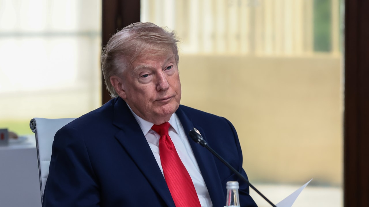US President Donald Trump attends a working lunch with leaders of G7 and the Middle East, on June 16, 2026 in Evian-les-Bains, France.