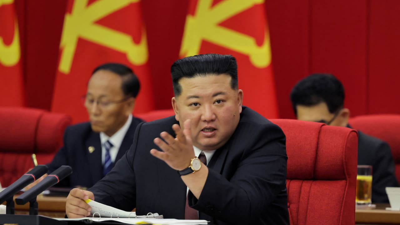 North Korean leader Kim Jong Un speaks during the second plenary meeting of the Ninth Central Committee of the Workers' Party of Korea (WPK), in Pyongyang, North Korea, in this picture released June 23, 2026, by North Korea's official Korean Central News Agency