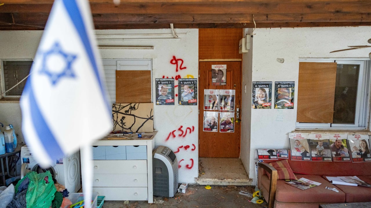 The entrance to the Bibas family home in Kibbutz Nir Oz, near Gaza border, in southern Israel, February 25, 2025