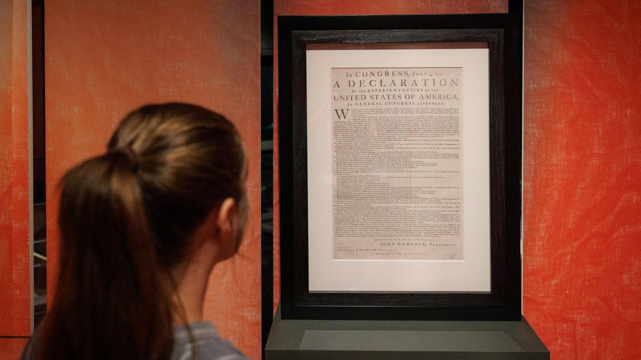 A 1776 copy of the US Declaration of Independence, one of the 11 surviving copies of the so-called "Exeter Declarations", and the first to be found outside the United States, which has been discovered at The National Archives in Kew, is displayed in this handout image obtained by Reuters on July 3