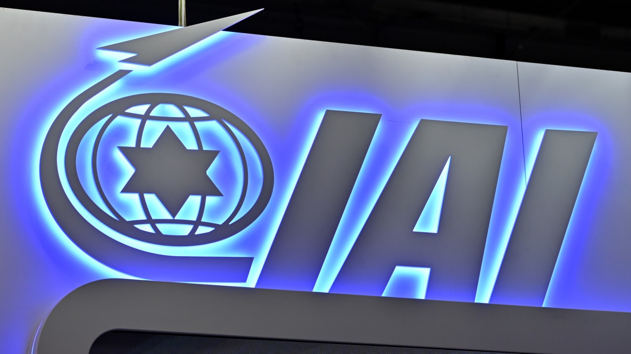 The IAI, Israel Aerospace Industries company logo is displayed during the Security Equipment International (DSEI) at London Excel on September 09, 2025 in London, England.
