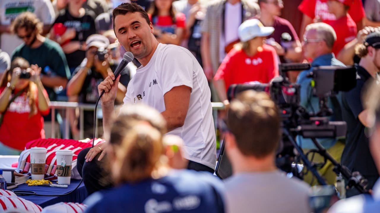 Charlie Kirk speaks at Utah Valley University on September 10, 2025 in Orem, Utah. Kirk, founder of Turning Point USA, was speaking at his "American Comeback Tour" when he was shot in the neck and killed. 