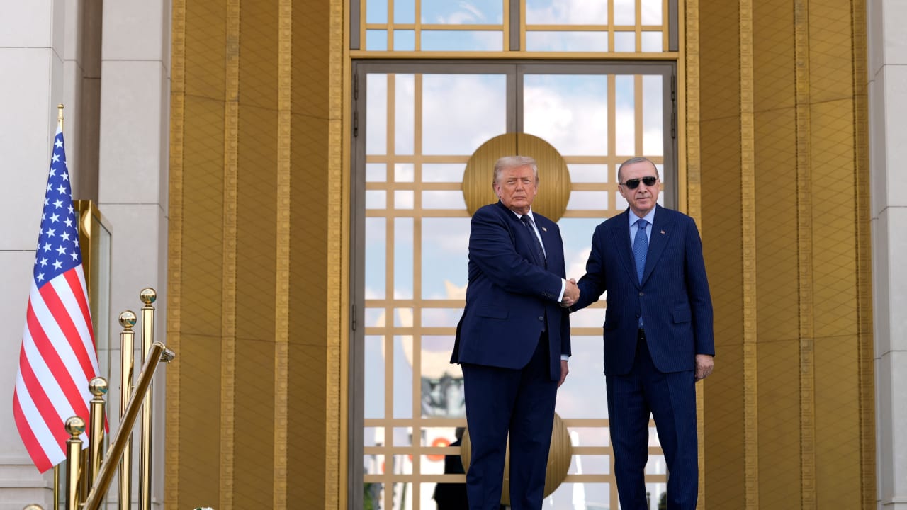 US President Donald Trump shakes hands with Turkish President Recep Tayyip Erdogan as he arrives at the Bestepe Presidential Palace during a formal welcome for the NATO summit in Ankara, Turkey, Tuesday, July 7, 2026.