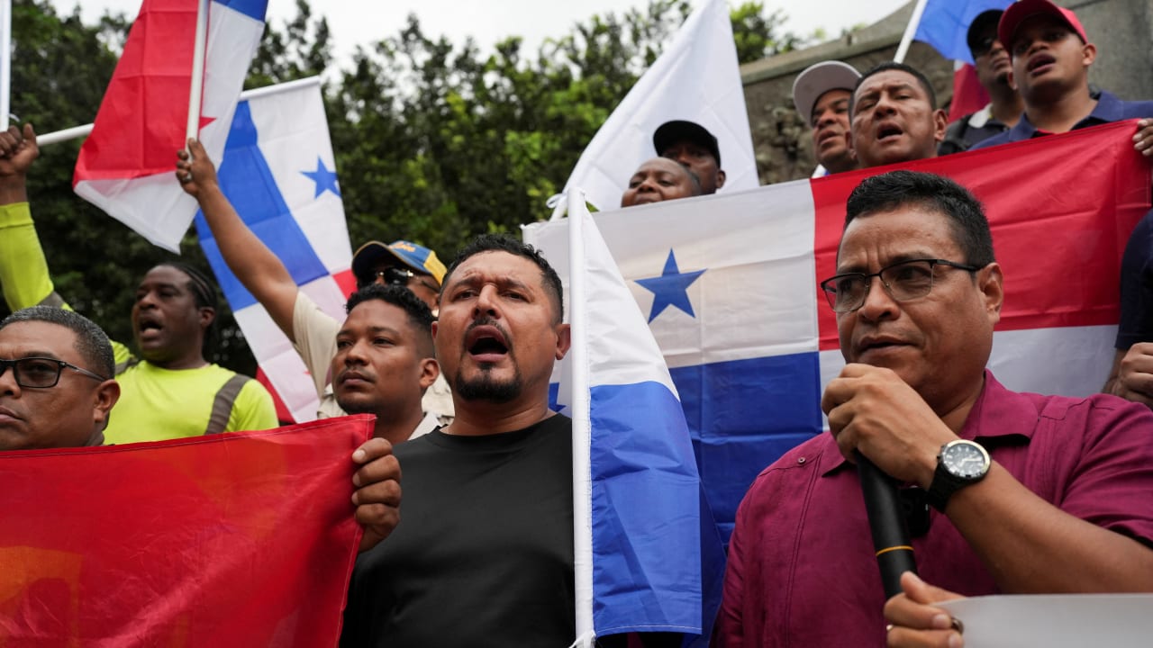 Demonstrators protest against what they say are U.S. threats to Latin American sovereignty during the International Solidarity Action 'United for Peace' in Latin America and the Caribbean, in Panama City, Panama, November 27, 2025.