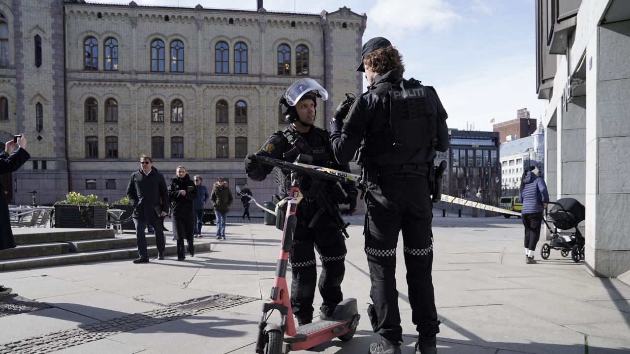 Armed police cordon off the area outside the Norwegian parliament in Oslo, Norway, April 3, 2024.