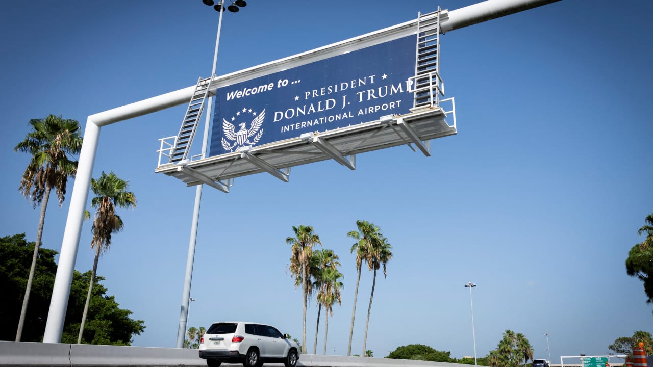 A welcoming sign at Palm Beach International Airport, as it is renamed as "President Donald J. Trump International Airport," in West Palm Beach, Florida, U.S., July 9, 2026.