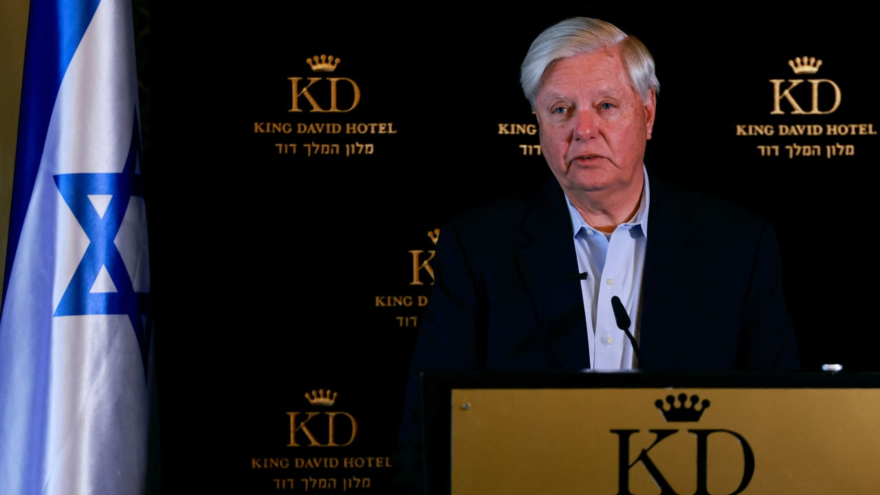 US Senator Lindsey Graham holds a press conference on the subject of the International Criminal Court’s decision to issue arrest warrants for Israeli Prime Minister Benjamin Netanyahu and former defense minister Yoav Gallant, in Jerusalem, November 27, 2024.