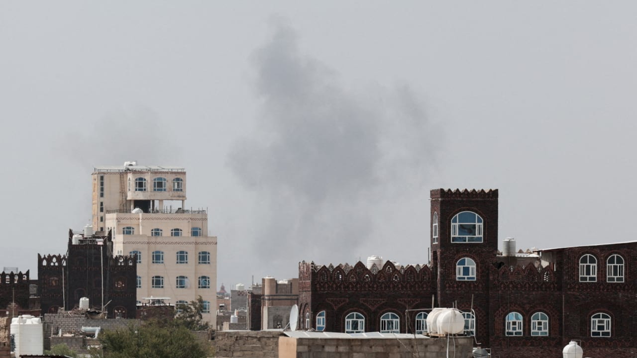 Smoke rises following an airstrike after Yemen's defense ministry said that its armed forces had targeted the runway at Sanaa International Airport, in Sanaa, Yemen, July 13, 2026.