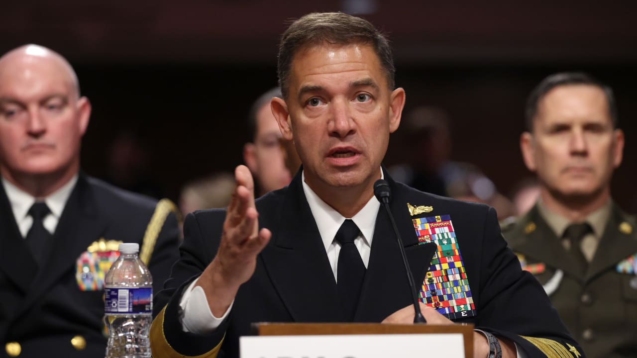 Commander of US Central Command (CENTCOM) Navy Adm. Brad Cooper testifies during a Senate Armed Services Committee hearing in the Dirksen Senate Office Building on Capitol Hill on May 14, 2026 in Washington, DC.
