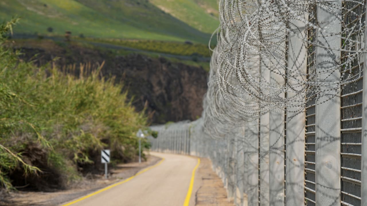 View of the Israel–Jordan border along the Yarmouk River in the Golan Heights, March 16, 2026.