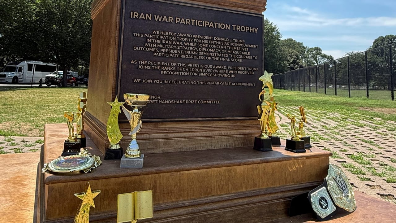 An "Iran war participation trophy" installation, placed by the protest group The Secret Handshake, is seen on the National Mall in Washington, D.C., U.S., July 13, 2026.