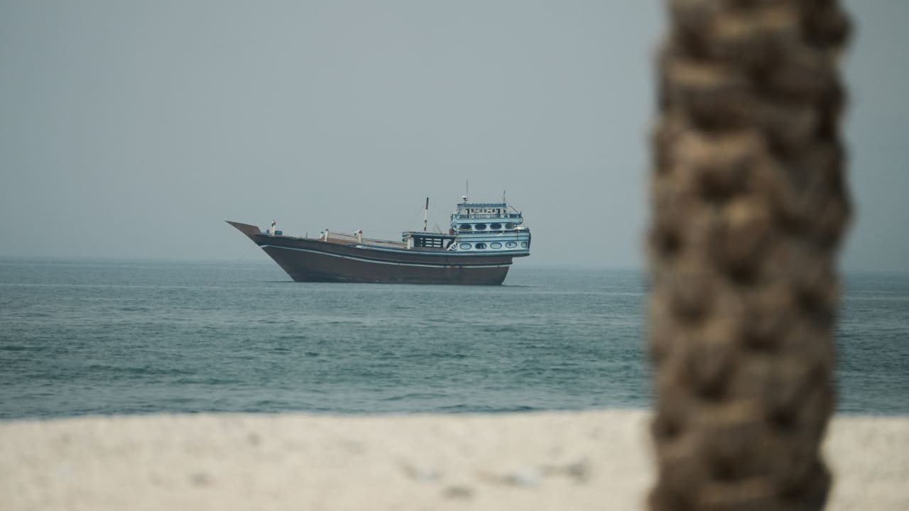 A vessel at the Strait of Hormuz, as seen from Musandam,Oman, July 14, 2026. 