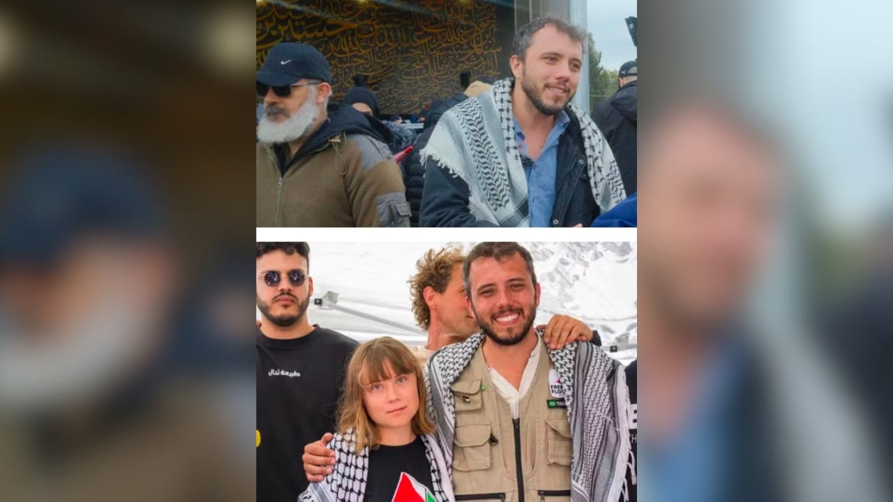 Tiago Avila, a Brazilian citizen and leading pro-Palestinian activist, next to Greta Thunberg, in front of the Global Sumud Flotilla in June 2025. In the top photo, he is seen paying his last respects at the funeral of Hezbollah Secretary General and terrorist leader Hassan Nasrallah.