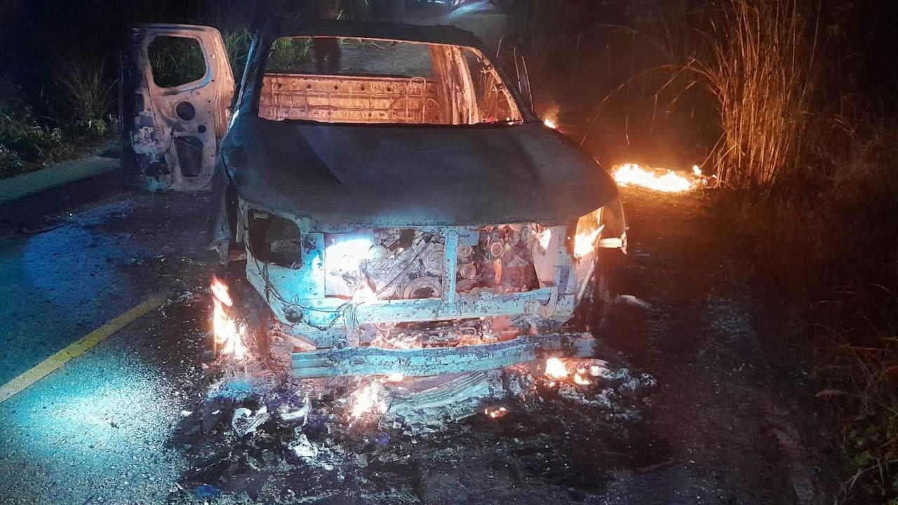 The pickup truck used in a shooting and pipe bomb attack that killed five security personnel and wounded six civilians in southern Thailand on July 23, 2026.
