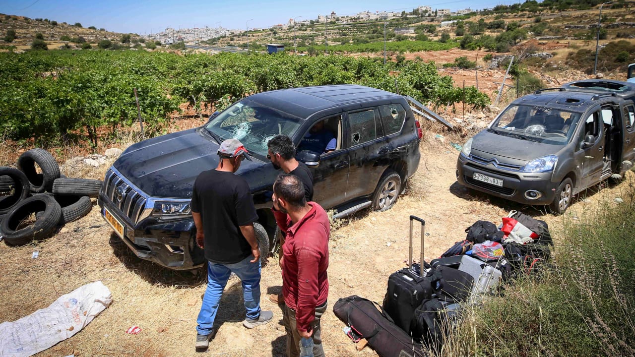 The scene after Israeli settlers attacked four Palestinian vehicles, including one belonging to CNN International, in the town of Halhul, south of Hebron, June 15, 2026
