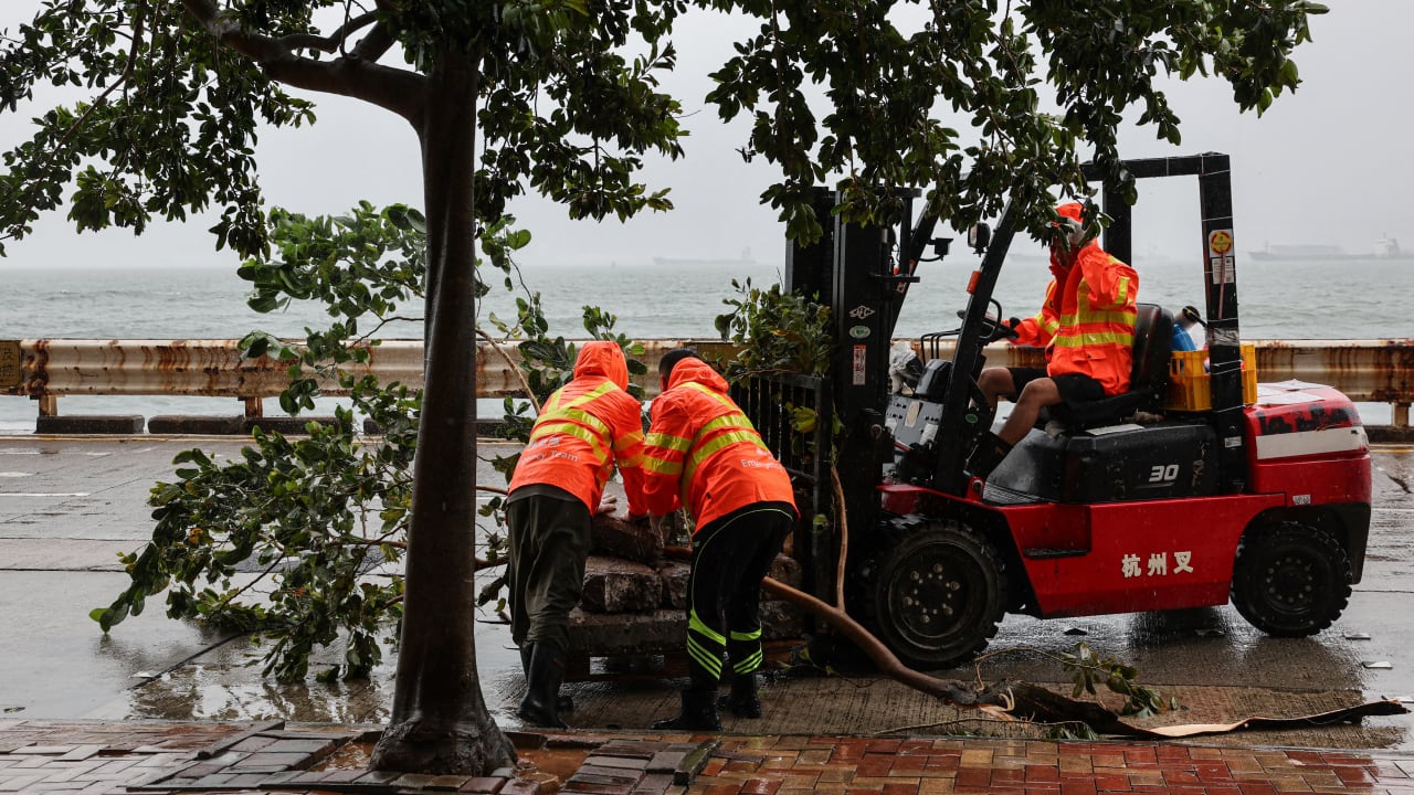 Workers clear fallen debris and obstacles from the road after Typhoon Noul, in Hong Kong, China, July 26, 2026.