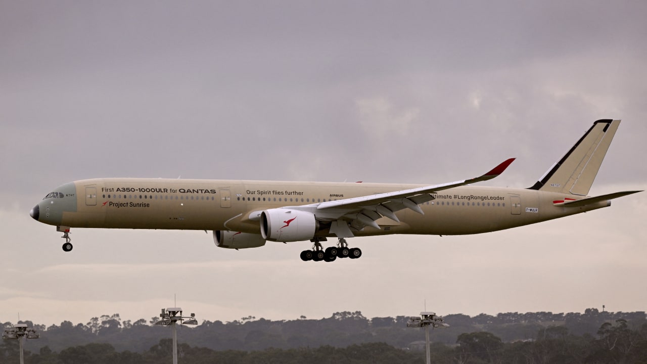 A Qantas A350-1000ULR arrives at Melbourne's Tullamarine Airport on July 24, 2026 after a 19 hour and 13 minutes delivery flight from the Airbus factory in Toulouse, France.