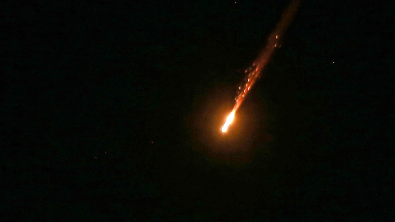A projectile fired from Iran toward Israel is intercepted over Amman on June 13, 2025. Iran fired a barrage of ballistic missiles at Israel in a counter-strike in the evening on June 13.