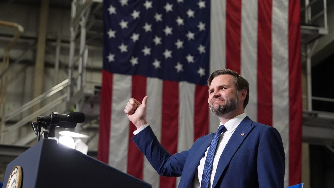 US Vice President JD Vance arrives to discuss anti-fraud initiatives during a visit to Wisconsin Air National Guard's 128th Air Refueling Wing at Milwaukee Mitchell Airport in Milwaukee, Wisconsin, US July 8, 2026.